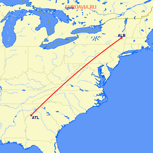 перелет Олбани — Атланта на карте