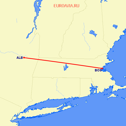 перелет Олбани — Бостон на карте