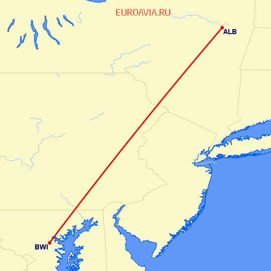 перелет Олбани — Балтимор на карте
