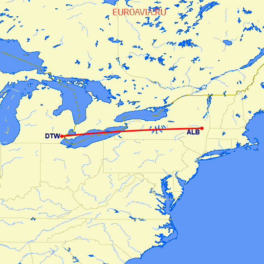 перелет Олбани — Детройт на карте