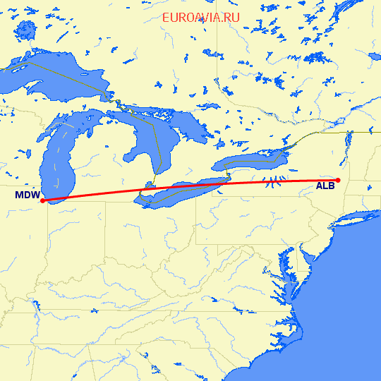 перелет Олбани — Чикаго на карте