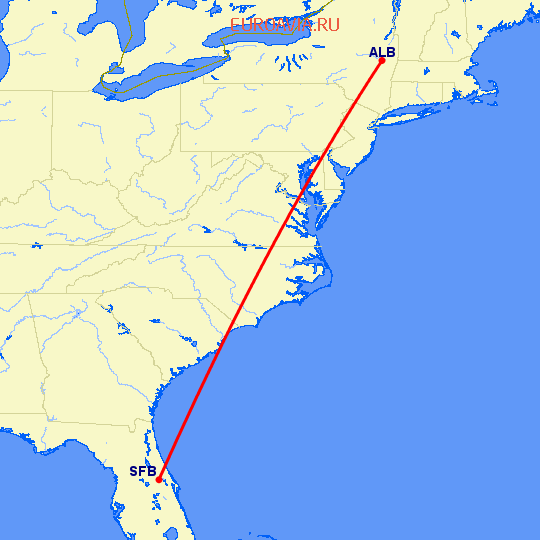 перелет Олбани — Sanford на карте