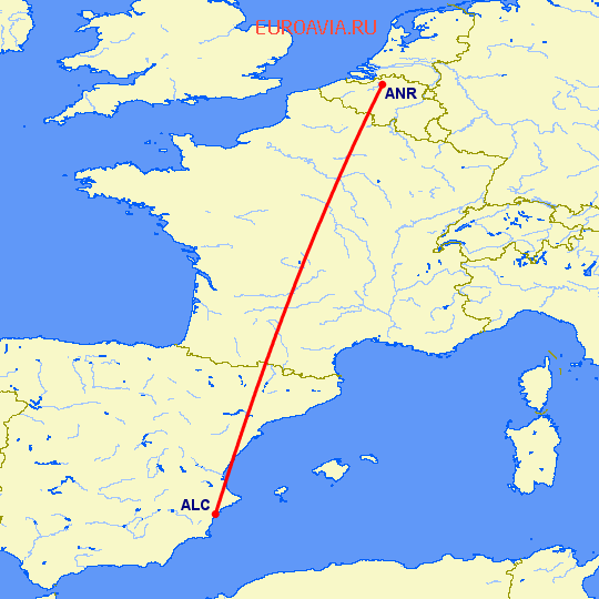 перелет Аликанте — Антверпен на карте