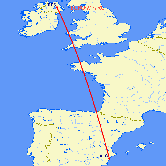 перелет Аликанте — Белфаст на карте