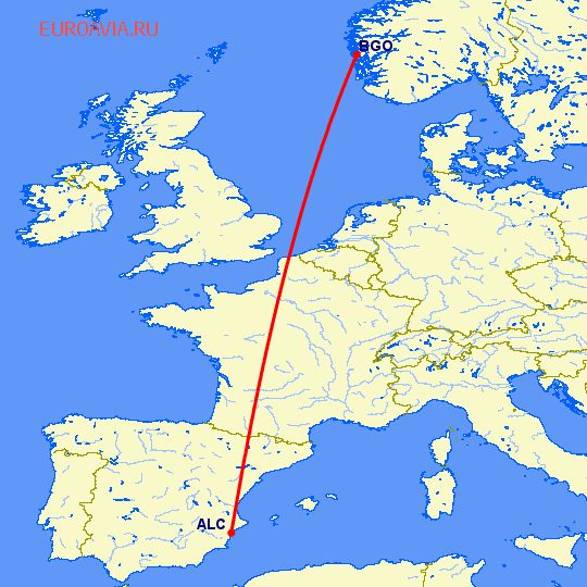 перелет Аликанте — Берген на карте