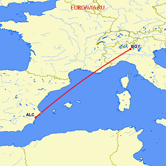 перелет Аликанте — Бергамо на карте