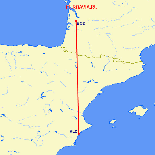 перелет Аликанте — Бордо на карте