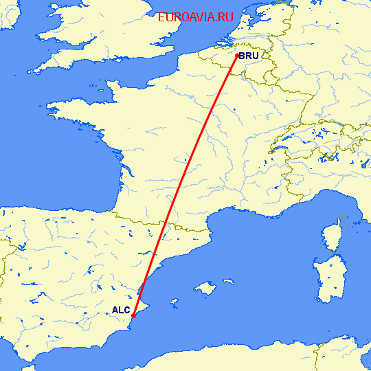 перелет Аликанте — Брюссель на карте