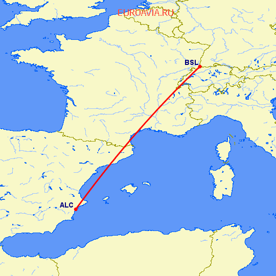 перелет Аликанте — Базель-Мюлуз на карте