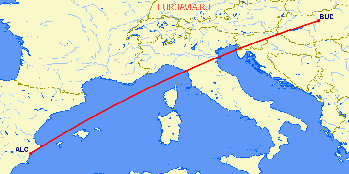 перелет Аликанте — Будапешт на карте