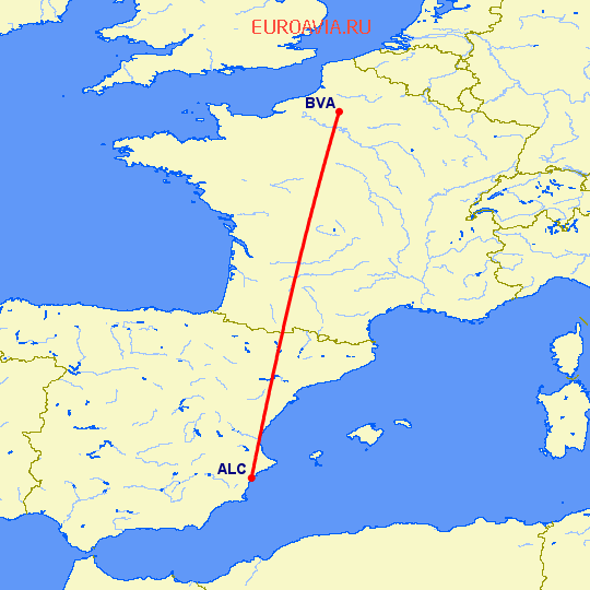 перелет Аликанте — Париж на карте