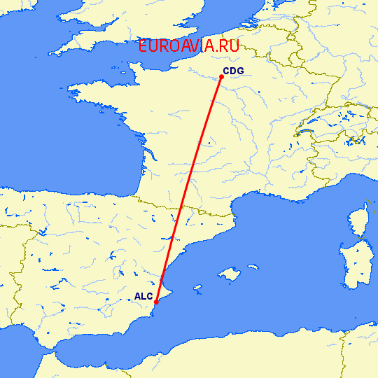 перелет Аликанте — Париж на карте