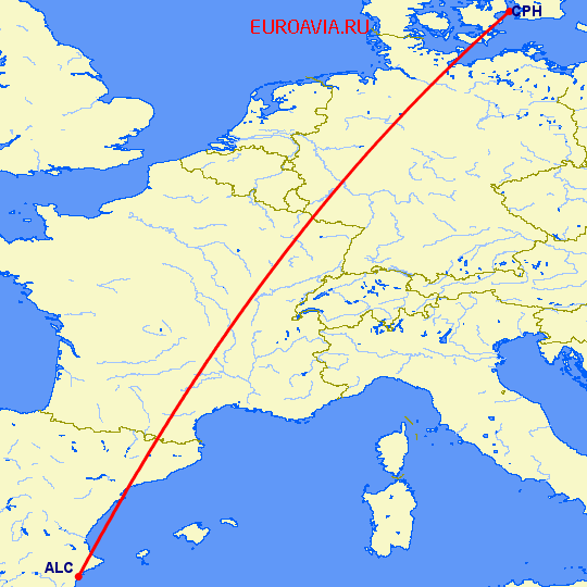 перелет Аликанте — Копенгаген на карте