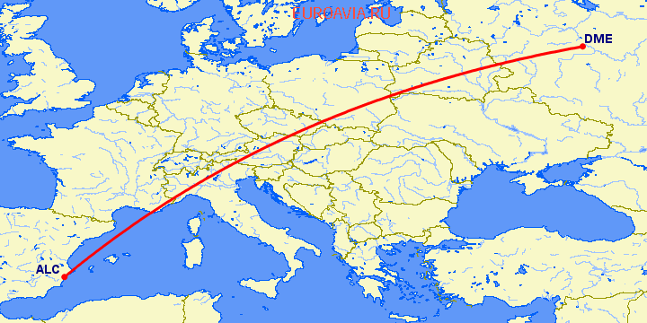 перелет Аликанте — Москва на карте