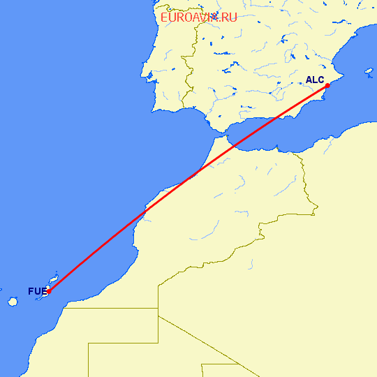 перелет Аликанте — Пуэрто дель Росарио на карте