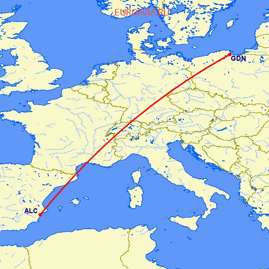 перелет Аликанте — Гданьск на карте