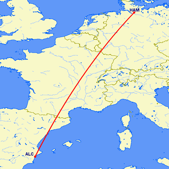 перелет Аликанте — Гамбург на карте