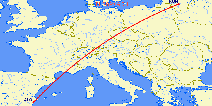 перелет Аликанте — Каунас на карте