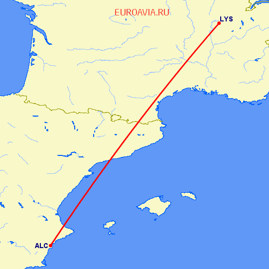 перелет Аликанте — Лион на карте