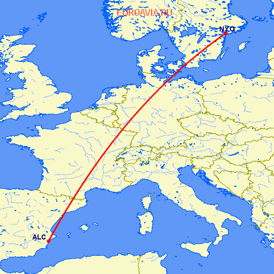 перелет Аликанте — Стокгольм на карте