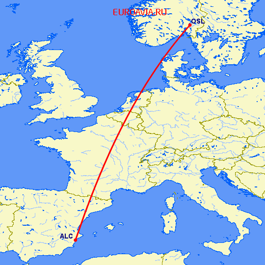 перелет Аликанте — Осло на карте