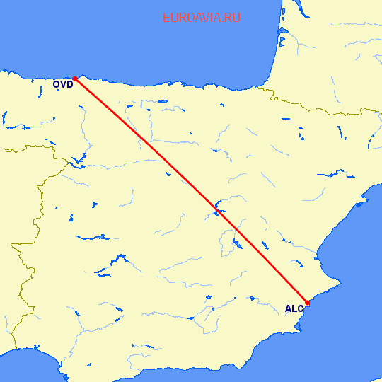 перелет Аликанте — Овьедо-Авилес на карте