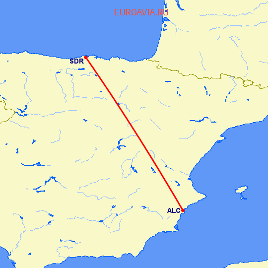 перелет Аликанте — Сантандер на карте