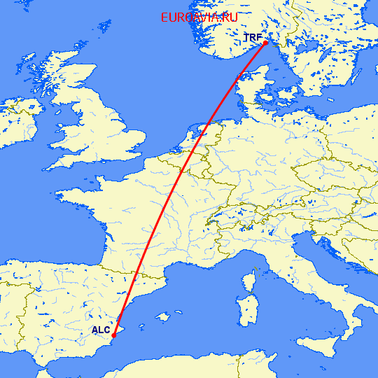 перелет Аликанте — Осло Торп на карте