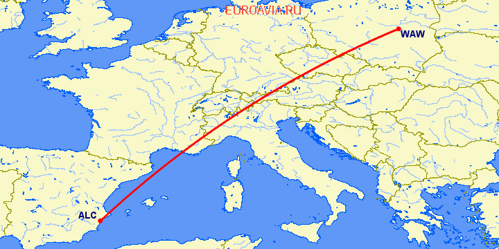 перелет Аликанте — Варшава на карте