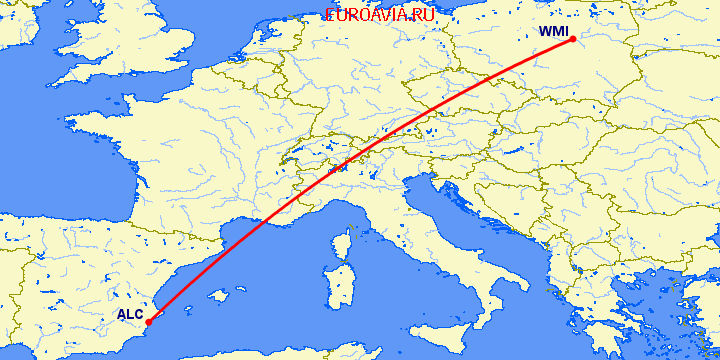 перелет Аликанте — Варшава на карте