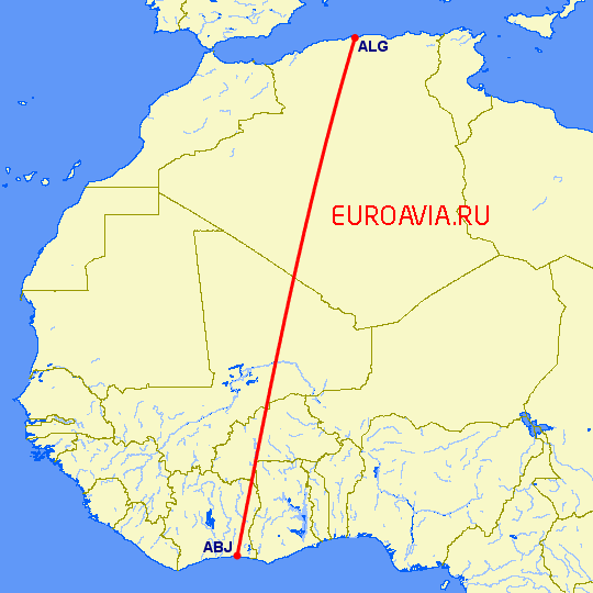 перелет Алжир — Абиджан на карте
