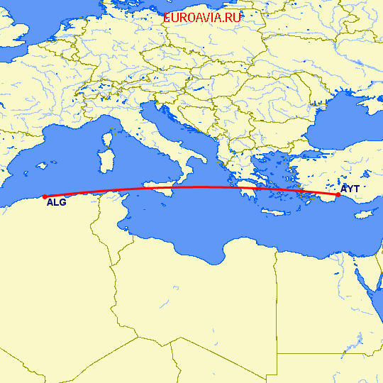 перелет Алжир — Анталия на карте