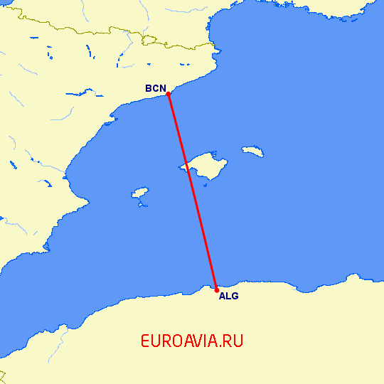 перелет Алжир — Барселона на карте
