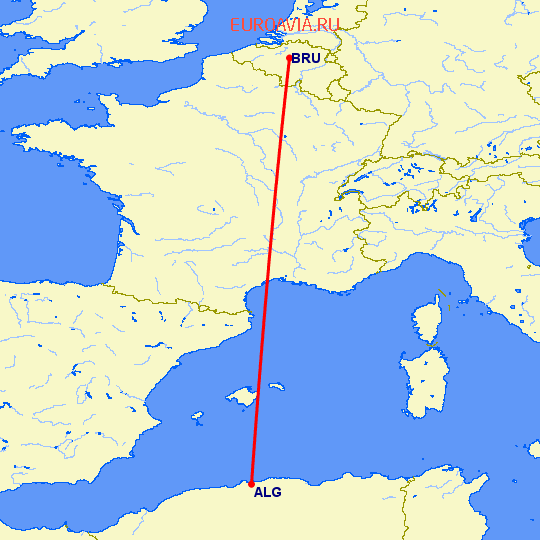 перелет Алжир — Брюссель на карте