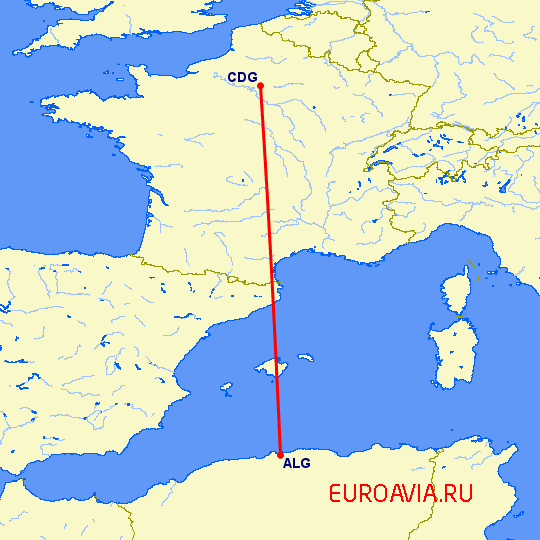 перелет Алжир — Париж на карте