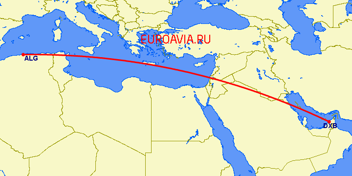 перелет Алжир — Дубай на карте