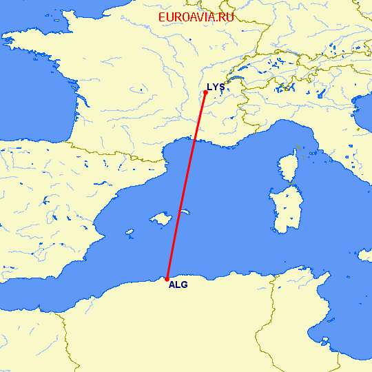 перелет Алжир — Лион на карте