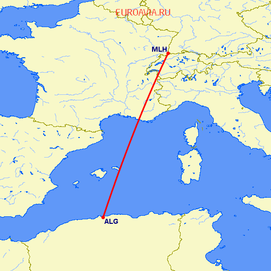 перелет Алжир — Базель Мюлуз на карте