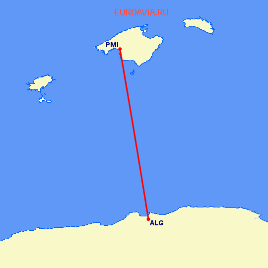 перелет Алжир — Пальма де Майорка на карте
