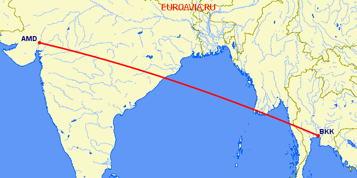 перелет Ахмедабад — Бангкок на карте
