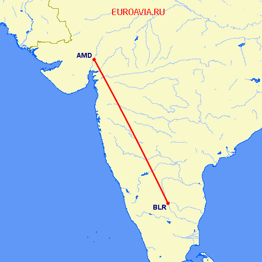 перелет Ахмедабад — Бангалор на карте