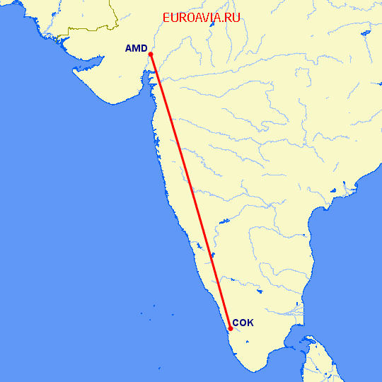 перелет Ахмедабад — Кочи на карте