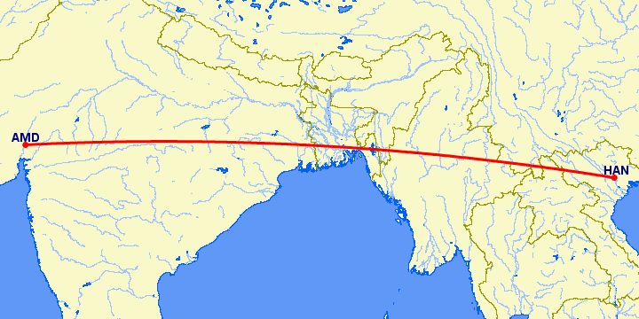 перелет Ахмедабад — Ханой на карте