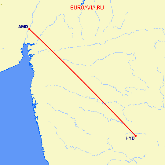 перелет Ахмедабад — Хидерабад на карте