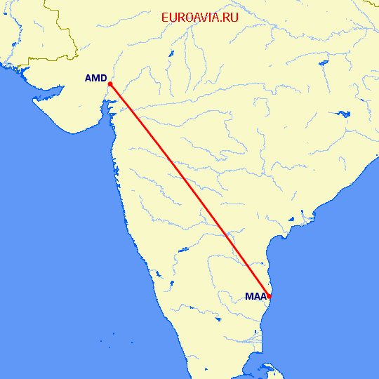 перелет Ахмедабад — Мадрас Ченнай на карте