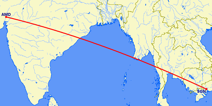 перелет Ахмедабад — Хошимин на карте