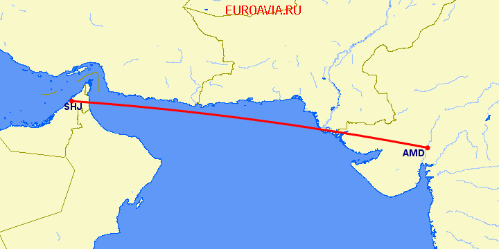 перелет Ахмедабад — Шарджа на карте