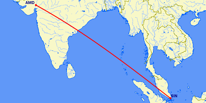 перелет Ахмедабад — Сингапур на карте