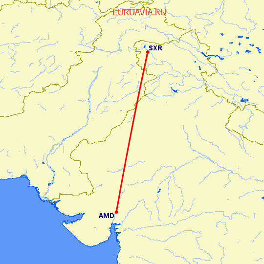 перелет Ахмедабад — Сринагар на карте