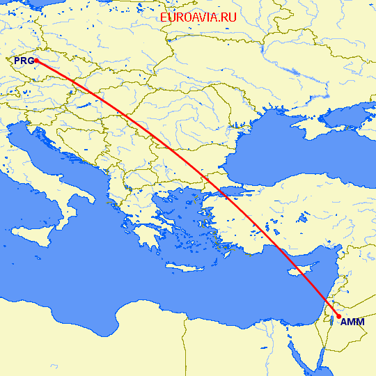 перелет Амман — Прага на карте